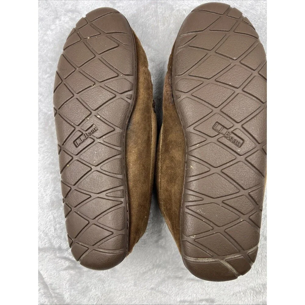 LL Bean Mens Wicked Good Moccasin Size 10 Medium Brown Suede Shearling Slippers